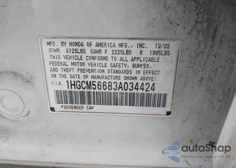 2003 Honda Accord 2.4 Ex z USA, uszkodzony, nr VIN 1HGCM56683A034424